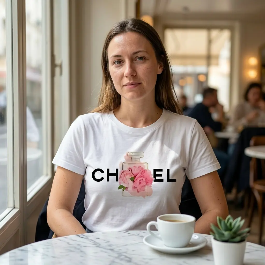 Chic Floral Perfume Bottle Graphic T-Shirt 6 Model wearing a floral perfume bottle graphic t-shirt in a casual outdoor setting.
