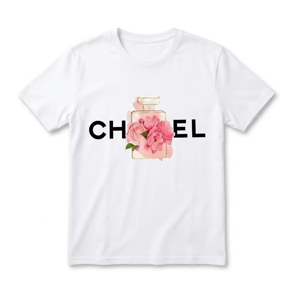 Chic Floral Perfume Bottle Graphic T-Shirt 1 Chic white t-shirt featuring a floral perfume bottle graphic with bold text.