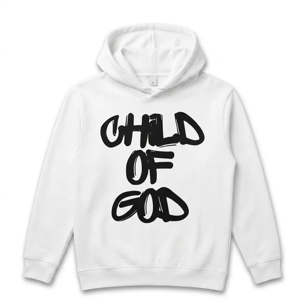 Front view of a white shirt with 'Child of God' printed in a stylish black font.