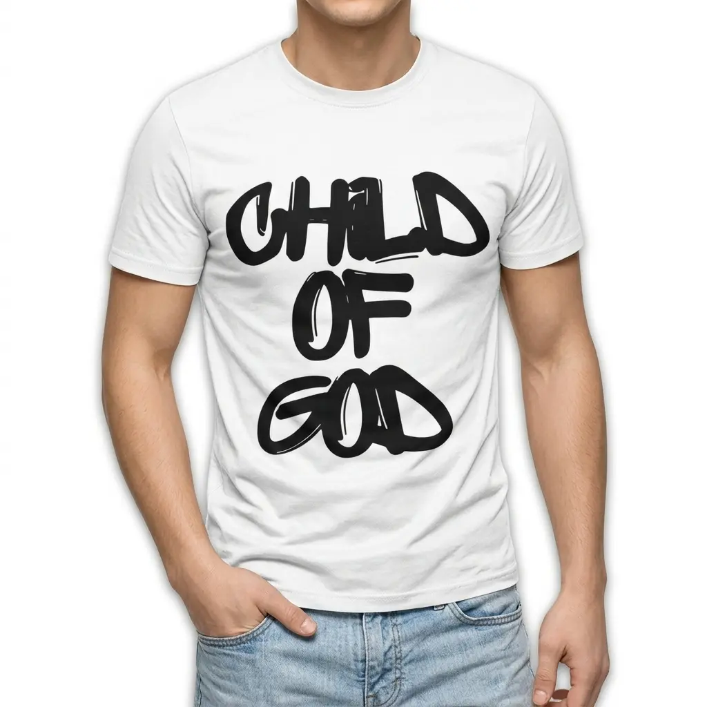 Casual design showcasing a white t-shirt with a striking black graphic reading 'Child of God'.
