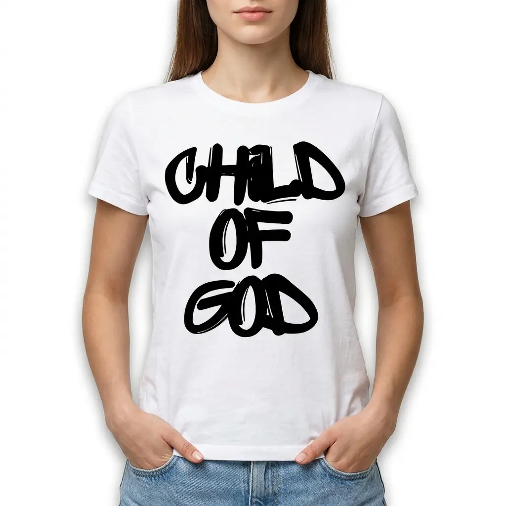 Bold black lettering of 'Child of God' on a simple white t-shirt design.
