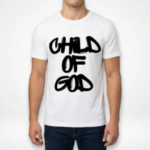 Child of God Christian Streetwear Graphic T-Shirt 10 Minimalistic white tee displaying the phrase 'Child of God' prominently in black.