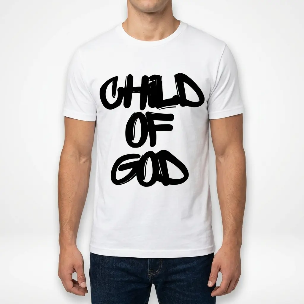 Minimalistic white tee displaying the phrase 'Child of God' prominently in black.