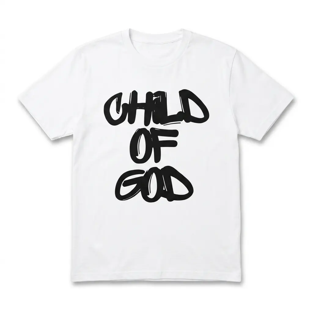 White graphic t-shirt featuring the bold text 'Child of God' in black.