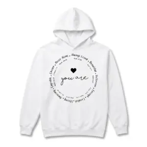 Christian Affirmations Bible Verse T-Shirt 7 Front view of a white shirt featuring a circle of affirmations and a heart.