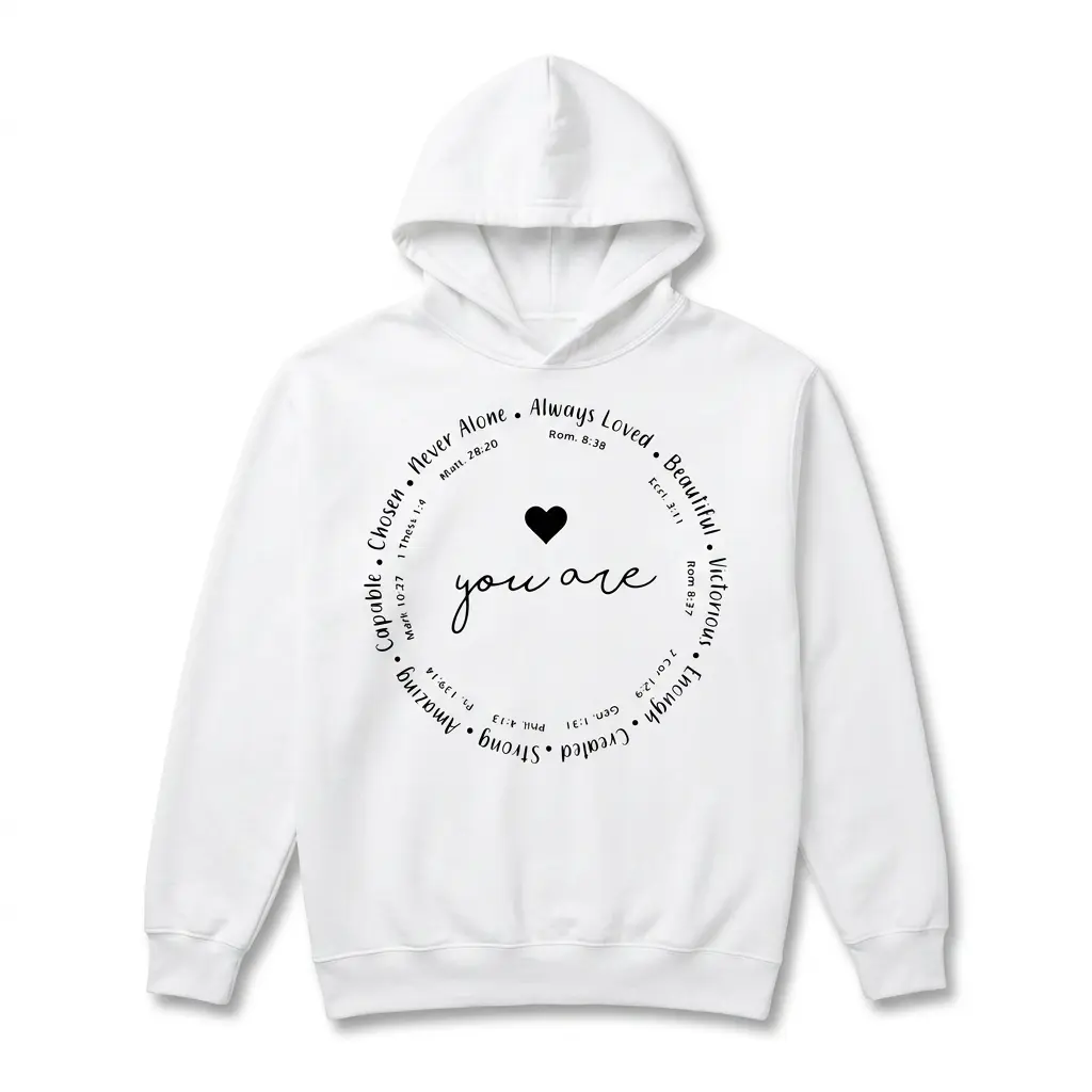 Christian Affirmations Bible Verse T-Shirt 2 Front view of a white shirt featuring a circle of affirmations and a heart.
