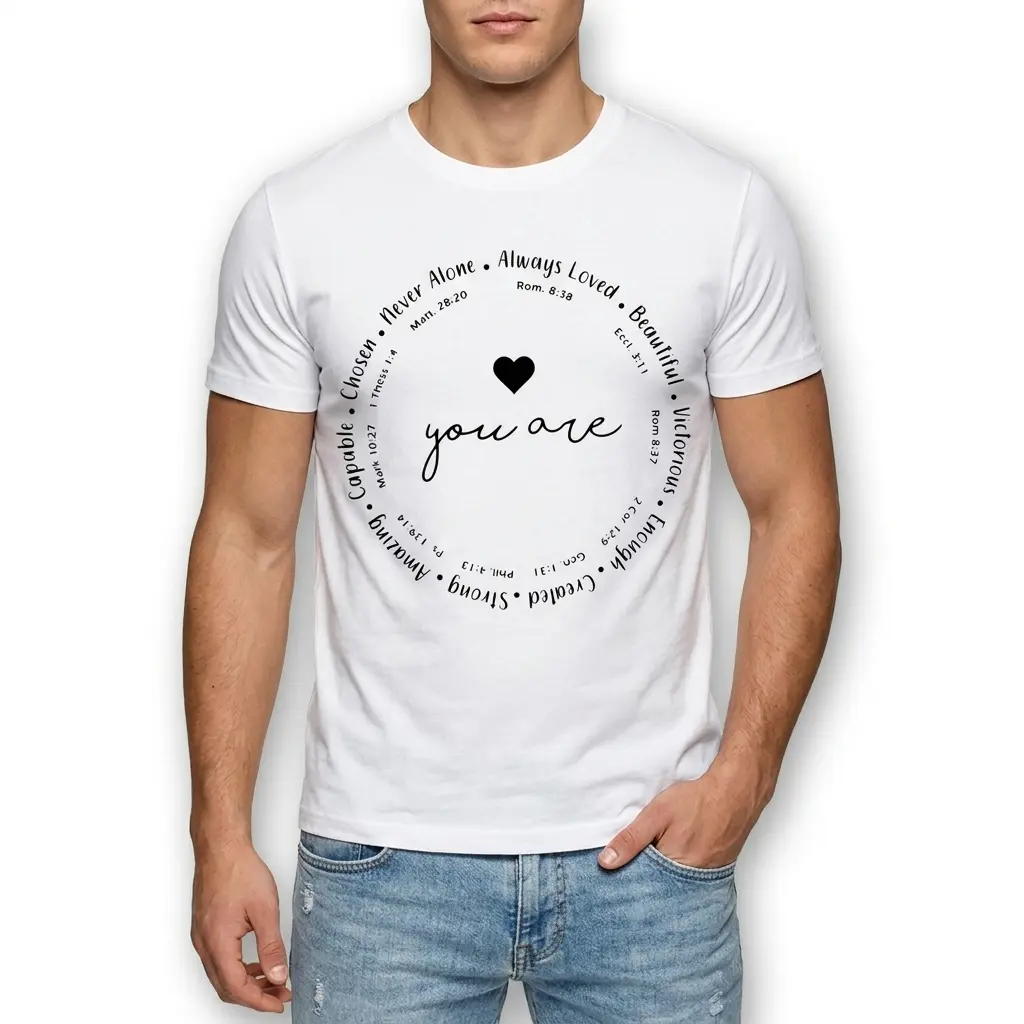 Christian Affirmations Bible Verse T-Shirt 3 Close-up of Christian affirmation T-shirt design with verses forming a circle.