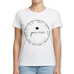 Christian Affirmations Bible Verse T-Shirt 9 Flat lay of a Christian T-shirt showing positive affirmations in a circle.