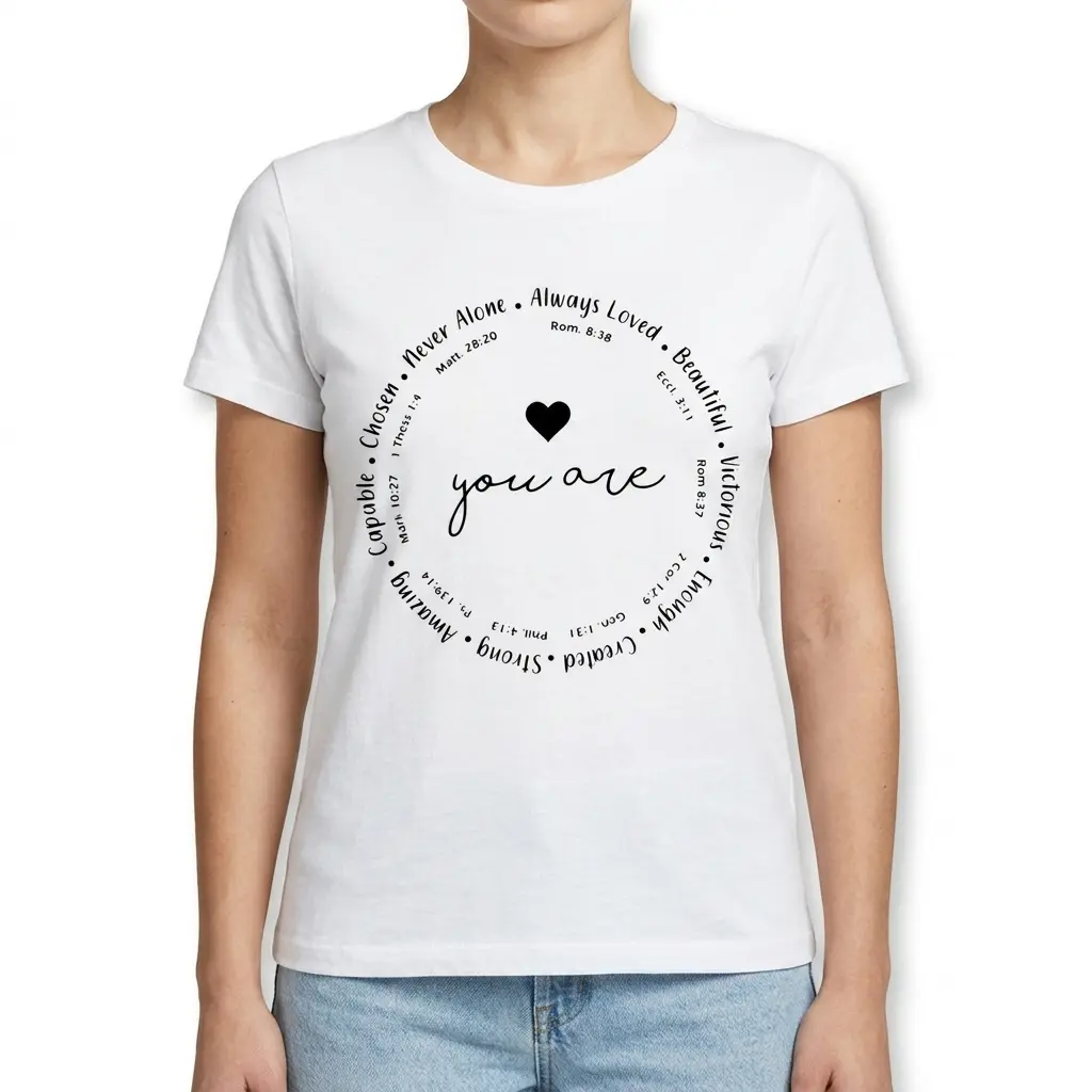 Christian Affirmations Bible Verse T-Shirt 4 Flat lay of a Christian T-shirt showing positive affirmations in a circle.