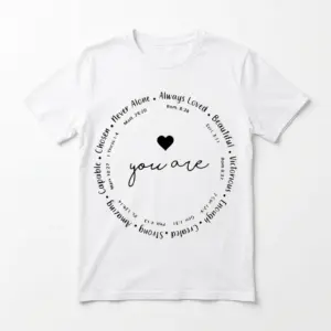 White Christian affirmations T-shirt with circular Bible verse design.