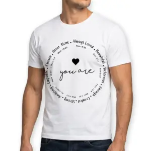 Christian Affirmations Bible Verse T-Shirt 10 Detailed view of circular affirmation design on a white shirt.