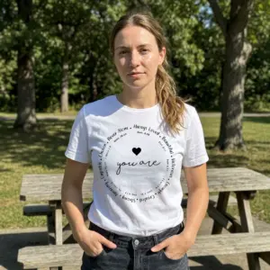 Christian Affirmations Bible Verse T-Shirt 11 Casual wearing of a Christian affirmations T-shirt in a lifestyle setting.