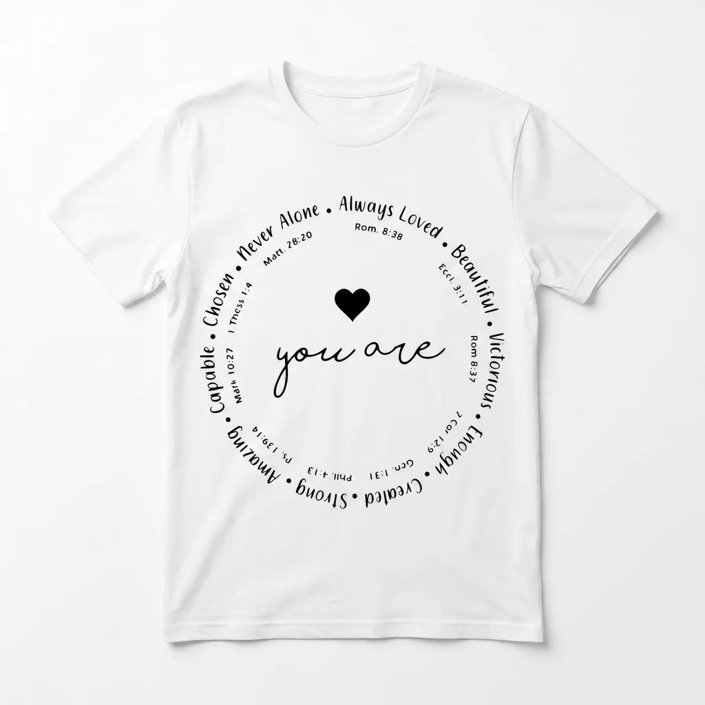Christian Affirmations Bible Verse T-Shirt 1 White Christian affirmations T-shirt with circular Bible verse design.