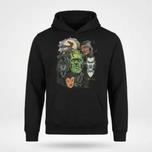 Classic Monster Horror Collage T-Shirt 7 Black hoodie showcasing a vintage monster movie collage design, displayed flat.