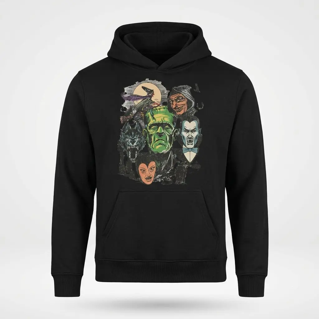 Classic Monster Horror Collage T-Shirt 2 Black hoodie showcasing a vintage monster movie collage design, displayed flat.