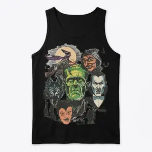 Classic Monster Horror Collage T-Shirt 8 Black tank top with a spooky vintage monster collage design, displayed flat.