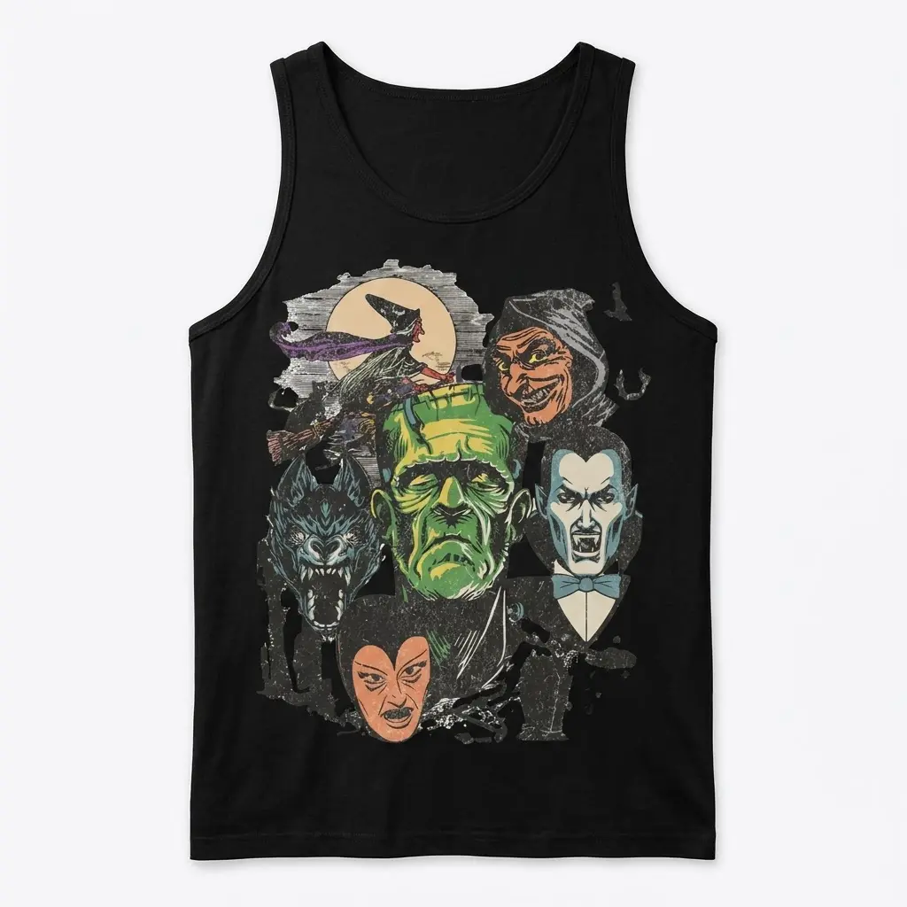 Classic Monster Horror Collage T-Shirt 3 Black tank top with a spooky vintage monster collage design, displayed flat.