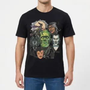 Classic Monster Horror Collage T-Shirt 9 Male model wearing a classic monster horror collage T-shirt, front view.
