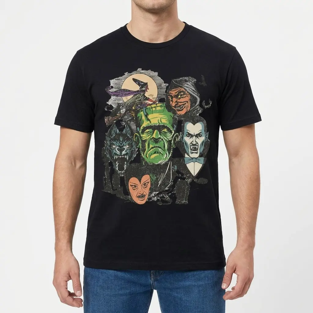 Classic Monster Horror Collage T-Shirt 4 Male model wearing a classic monster horror collage T-shirt, front view.
