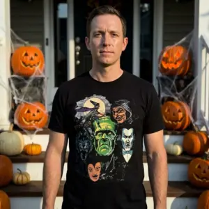 Classic Monster Horror Collage T-Shirt 10 Person in casual setting wearing the monster horror collage T-shirt.