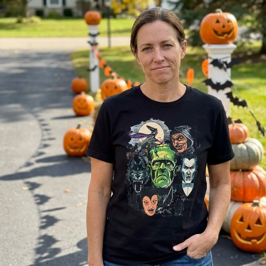 Classic Monster Horror Collage T-Shirt 6 Close-up of person wearing the classic horror collage T-shirt outdoors.