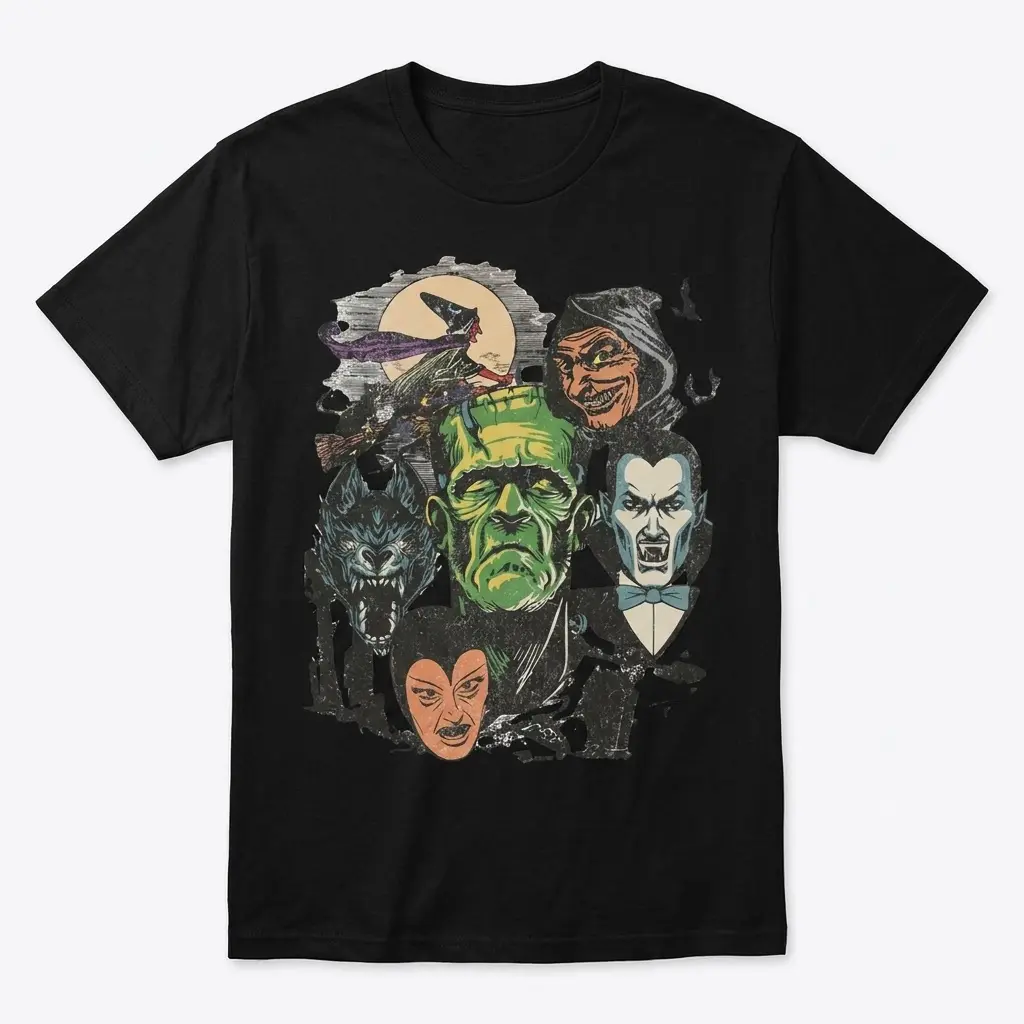 Classic Monster Horror Collage T-Shirt 1 Black T-shirt featuring a classic monster horror collage design, displays flat.