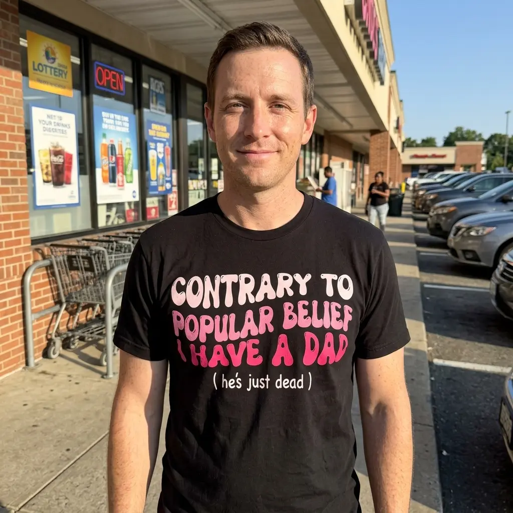Contrary to Popular Belief I Have a Dad T-Shirt 6 Casual setting with a person wearing a black dad humor shirt, showcasing the design.