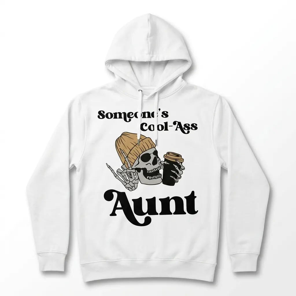 Cool Ass Aunt Skeleton Graphic T-Shirt 2 Front view of white T-shirt with skeleton graphic and humorous text about a cool aunt.