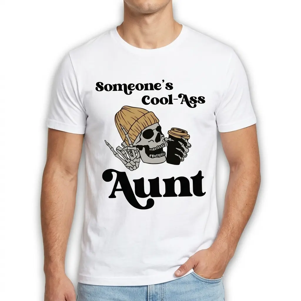 Cool Ass Aunt Skeleton Graphic T-Shirt 3 Close-up of graphic on T-shirt showing skeleton wearing a beanie, holding coffee.