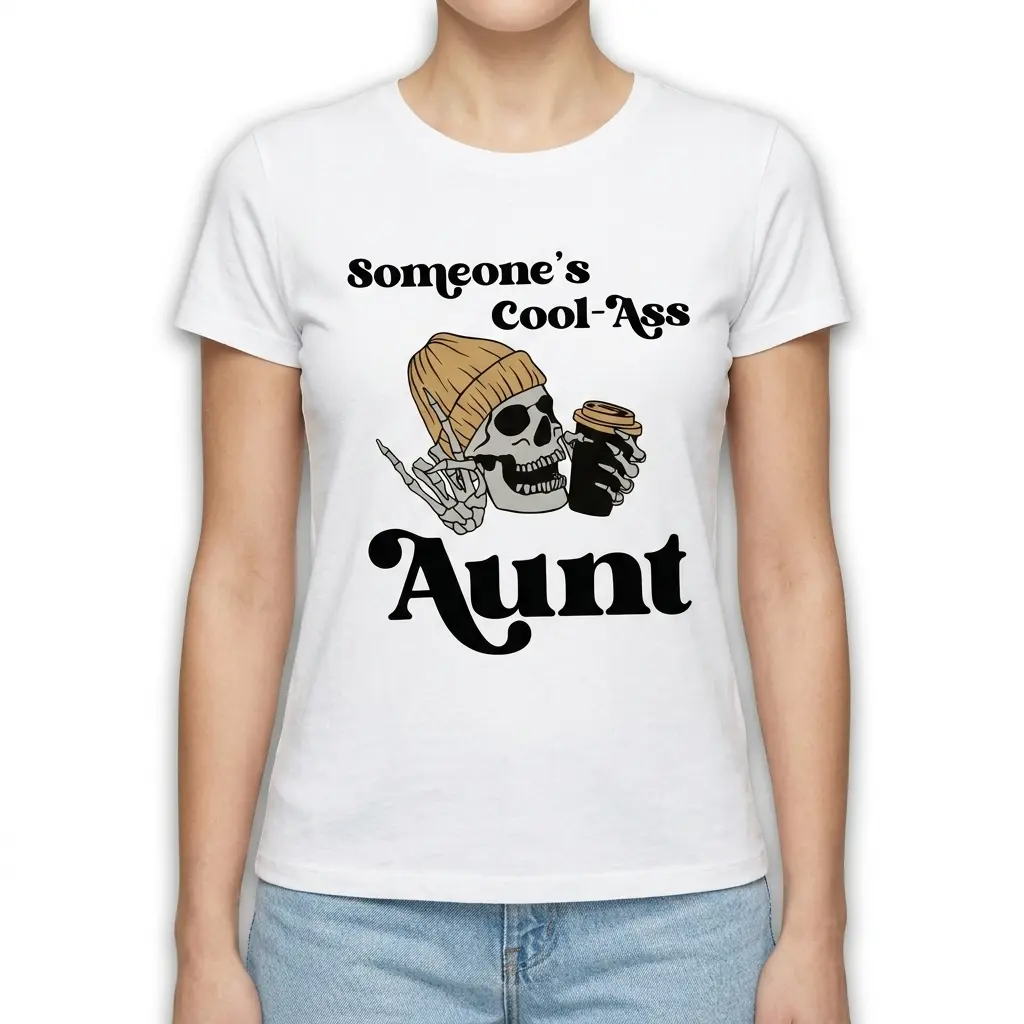 Cool Ass Aunt Skeleton Graphic T-Shirt 4 Humor shirt illustrating skeleton with beanie and coffee, focusing on 'Cool-Ass Aunt' text.