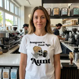 Cool Ass Aunt Skeleton Graphic T-Shirt 11 Casual outfit showcasing 'Cool-Ass Aunt' skeleton tee, styled with modern accessories.