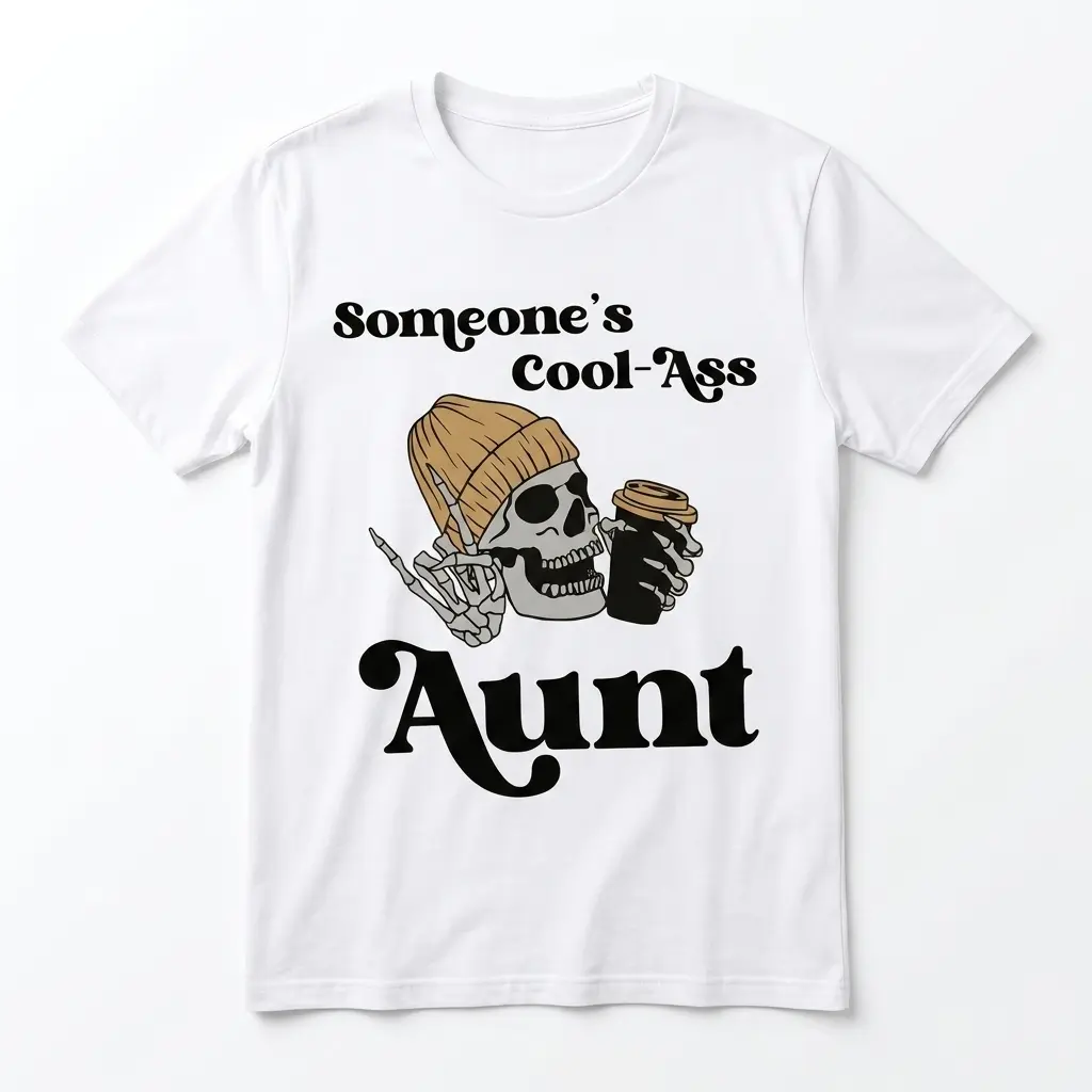 Cool Ass Aunt Skeleton Graphic T-Shirt 1 White T-shirt featuring skeleton with beanie and coffee, text 'Someone's Cool-Ass Aunt'.