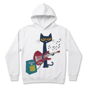 Cool Blue Cat Playing Electric Guitar T-Shirt 7 Front view of a T-shirt with a cat graphic playing guitar.