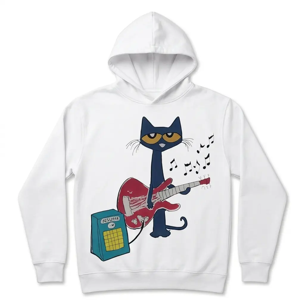 Front view of a T-shirt with a cat graphic playing guitar.