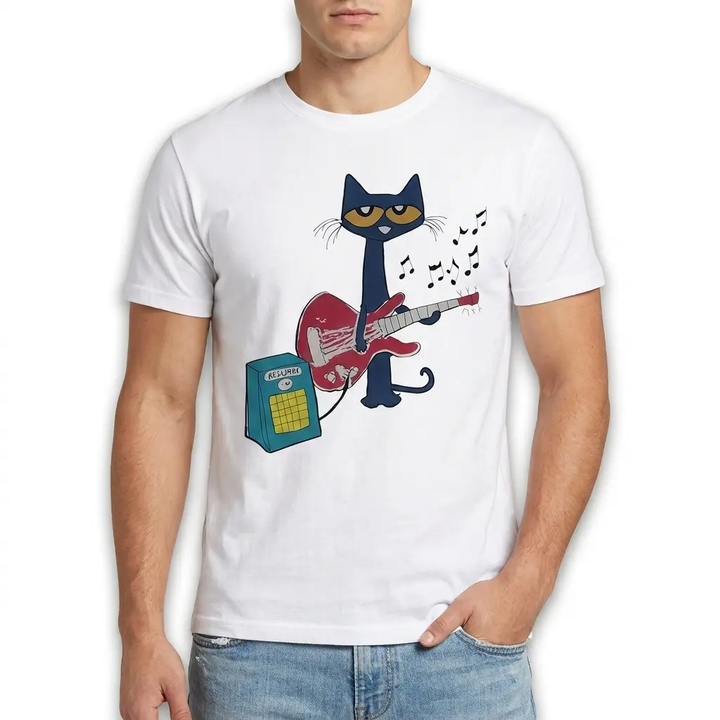 T-shirt displaying a whimsical cat with an electric guitar design.