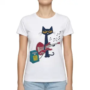 Cool Blue Cat Playing Electric Guitar T-Shirt 9 Stylized cat playing guitar printed on a white T-shirt.