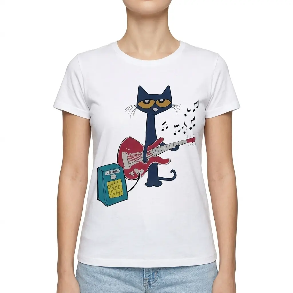 Stylized cat playing guitar printed on a white T-shirt.