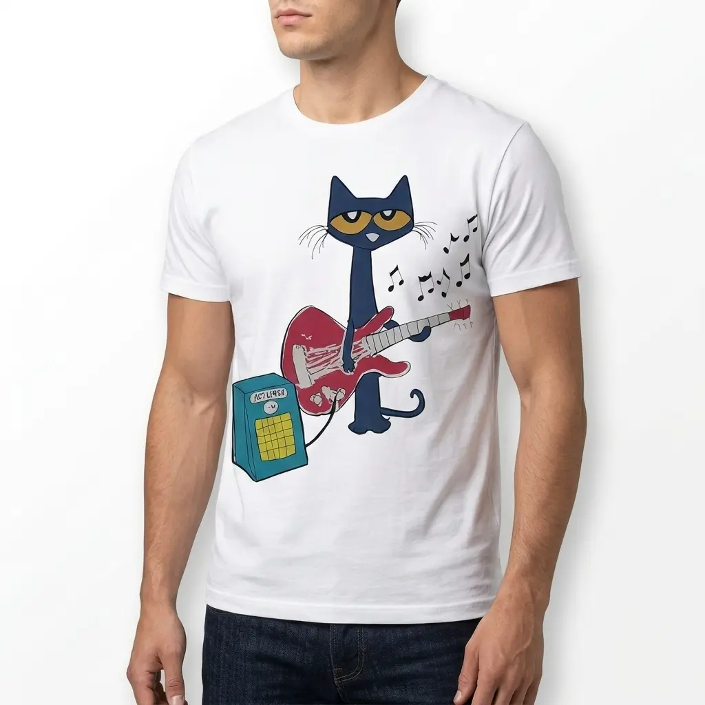 Graphic of a cat strumming a guitar on a T-shirt.