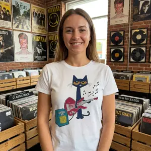 Cool Blue Cat Playing Electric Guitar T-Shirt 11 Person wearing a T-shirt with a cat playing guitar design.
