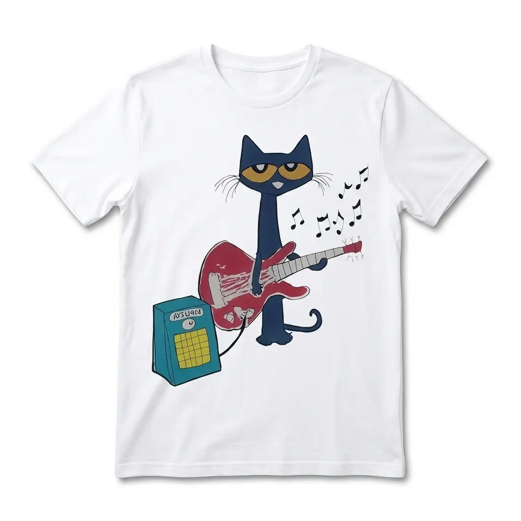 White T-shirt featuring a cartoon cat playing an electric guitar.