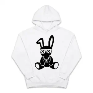 Cool Bunny Dollar Chain Graphic T-Shirt 7 Front view of the white cool bunny graphic tee with a playful design.