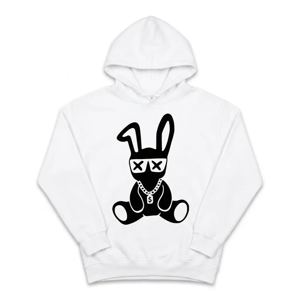 Front view of the white cool bunny graphic tee with a playful design.