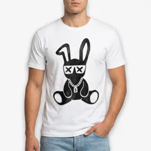 Cool Bunny Dollar Chain Graphic T-Shirt 8 Close-up of the black and white bunny graphic on a white t-shirt.
