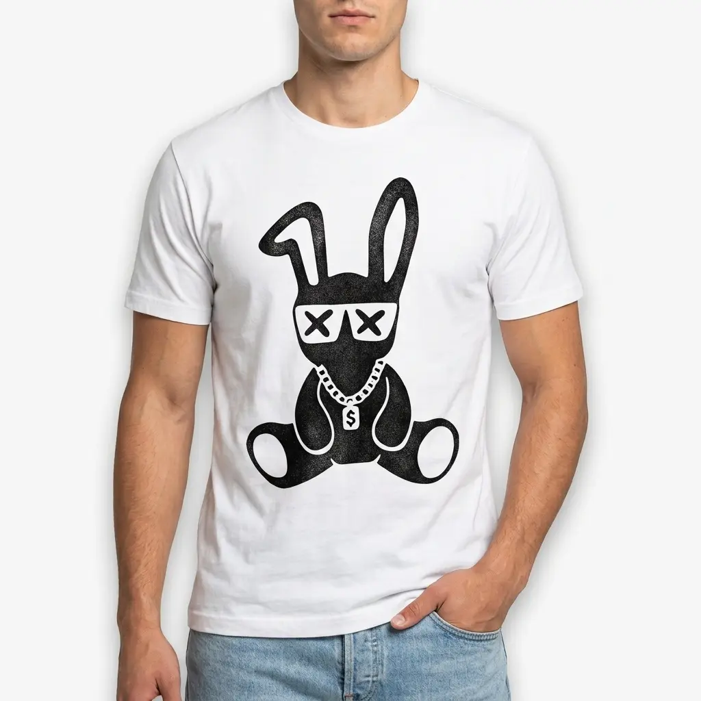Close-up of the black and white bunny graphic on a white t-shirt.