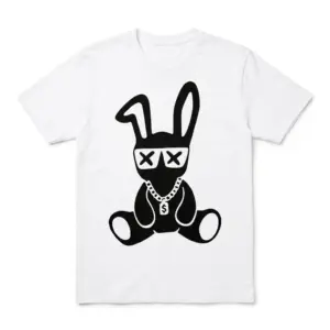 White t-shirt featuring a cool bunny graphic wearing sunglasses and a dollar chain.