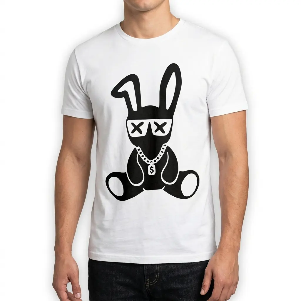 White t-shirt with a striking bunny graphic, perfect for a fun outfit.