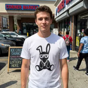 Cool Bunny Dollar Chain Graphic T-Shirt 11 Model wearing the cool bunny graphic tee in a relaxed, urban setting.