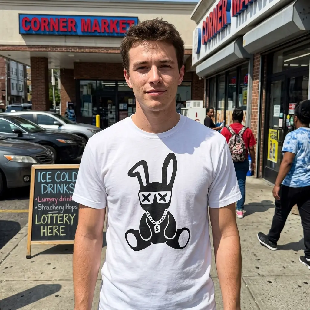 Model wearing the cool bunny graphic tee in a relaxed, urban setting.