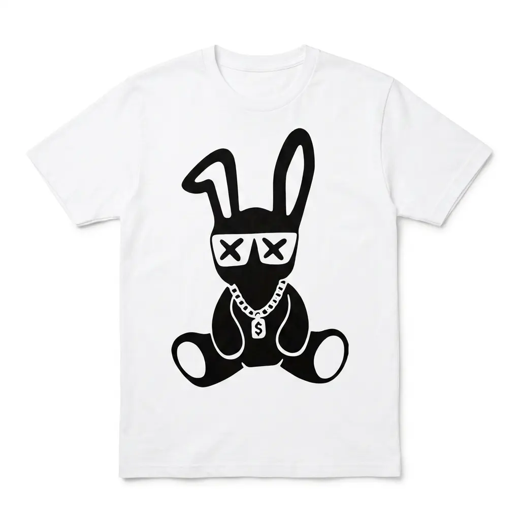 White t-shirt featuring a cool bunny graphic wearing sunglasses and a dollar chain.