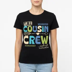 Cousin Crew Making Memories Family Reunion T-Shirt 9 Close-up of 'Cousin Crew' design on black T-shirt.